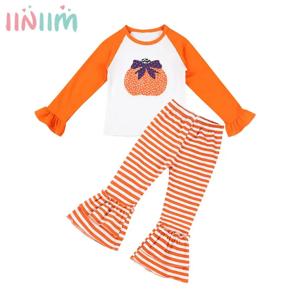 

Kids Girls Halloween Clothes Outfit Children's Sets Long Sleeve Pumpkin Top with Striped Striated Bell-Bottoms Pants
