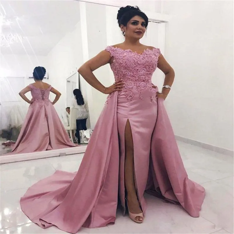 

Pink Muslim Evening Dresses Mermaid Off The Shoulder Appliques Slit Dubai Saudi Arabic Long Evening Gown