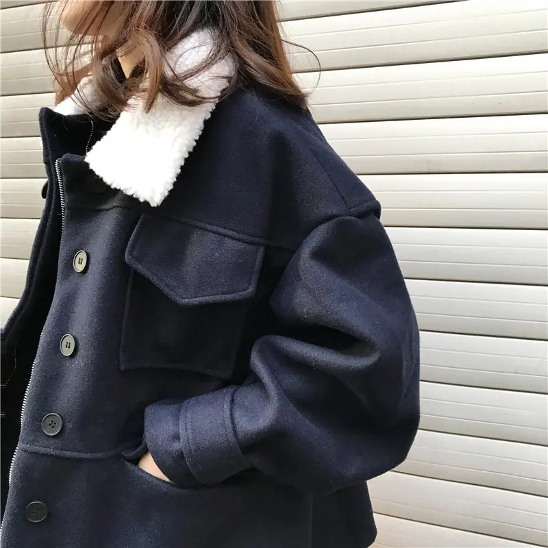 

Alien Kitty Dark-Blue Hot Patchwork Wool Chic 2020 Brief High Quality Woolen Jackets Loose Women Vintage All-Match Casual Coats