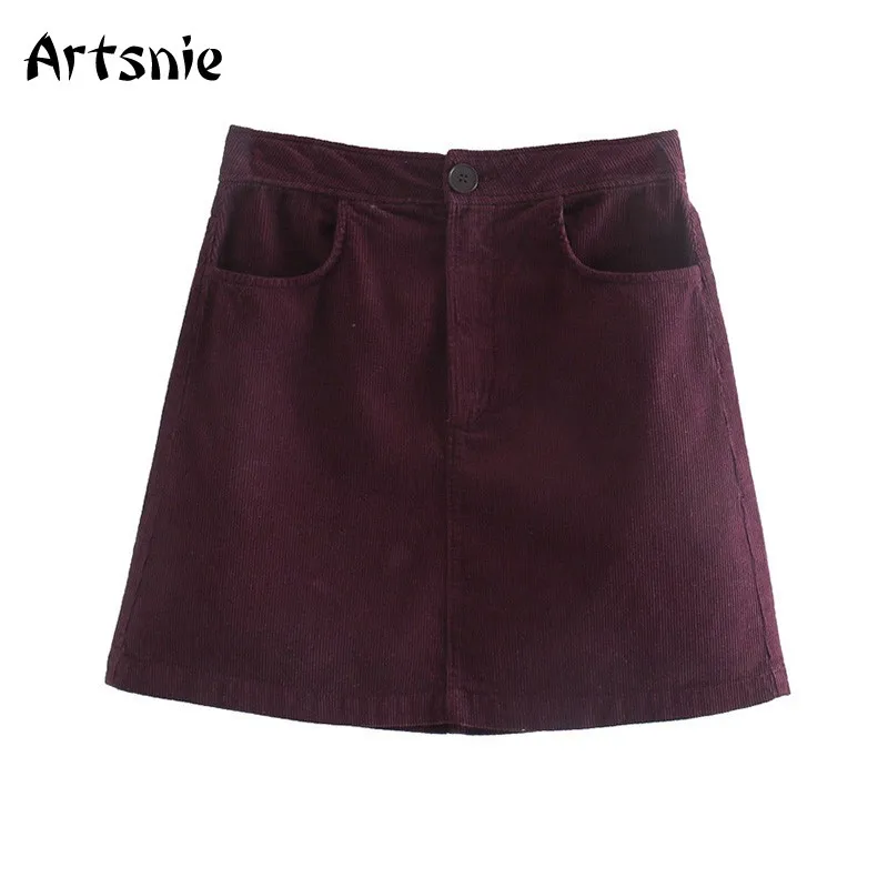 

Artsnie Winter High Waist Short A Line Skirt Women Winner Vintage Casual Pocket Corduroy Skirts Ladies Ol Mini Skirts Jupe Femme