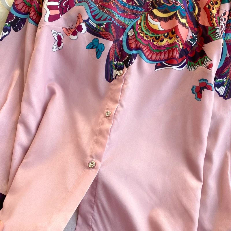 

Design Chic Print Blouse Women Retro Turndown-Collar Long Sleeve Single Breasted Tops Spring Casual Loose Pink Blouses