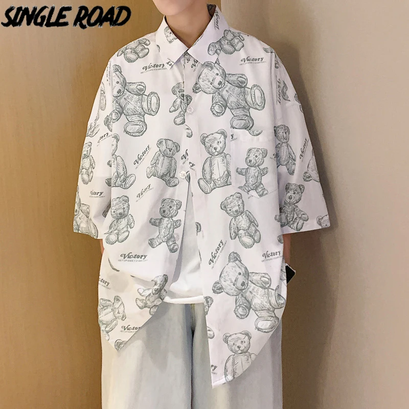 

Single Road Mens Short Sleeve Shirt Men 2022 Summer Bear Print Hawaii Vintage Shirt Harajuku Male Korean Blouse Shirts For Men