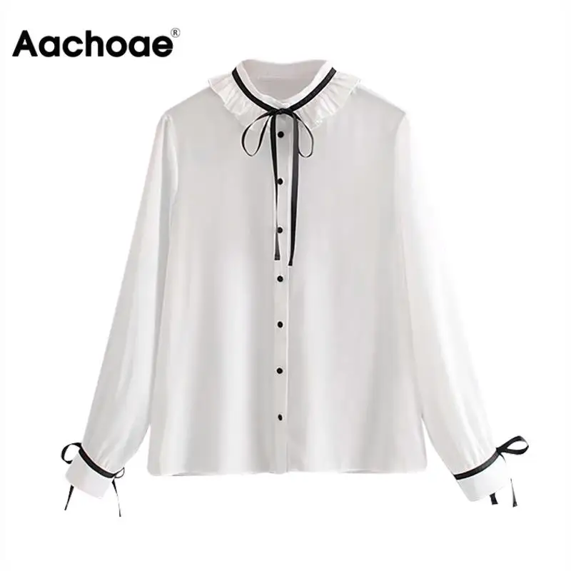Aachoae Милая Белая Блузка с галстуком бабочкой женские рубашки длинным рукавом и