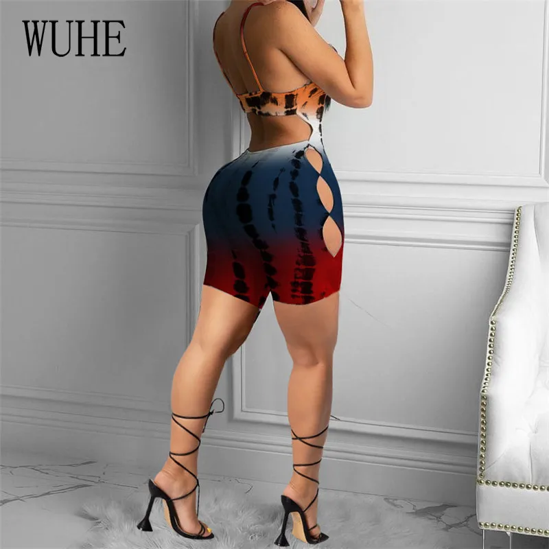 

WUHE Hollow Out Skinny Rompers Print Tie Dye Off Shoulder Sleeveless Spaghetti Strap Package Hip Slim Nightclub Party Overalls