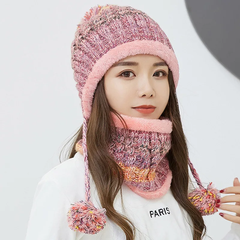PINK Fashion Winter Hat Scarf Set For Women Girl Warm Beanies Cap Lady Ring Scarf Pompoms Winter Hats Knitted Caps Scarf 2 Pieces - Цвет: PINK