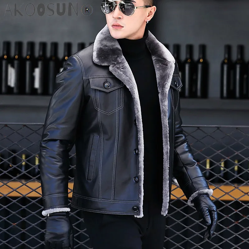 

AKOOSUN Men's Genuine Leather Jacket Autumn Winter Sheepskin Jackets Real Fur Coat High Quality Chaqueta Cuero Hombre 2418 KJ798