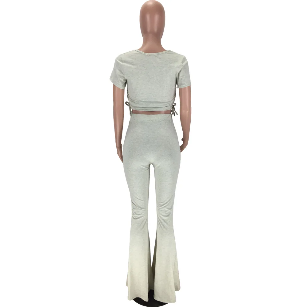 

Women Fitness Two Piece Outfit Summer Clothes Ruched Drawstring Short Sleeve Slim Crop Top Flare Long Pant Lounge Wear Tracksuit