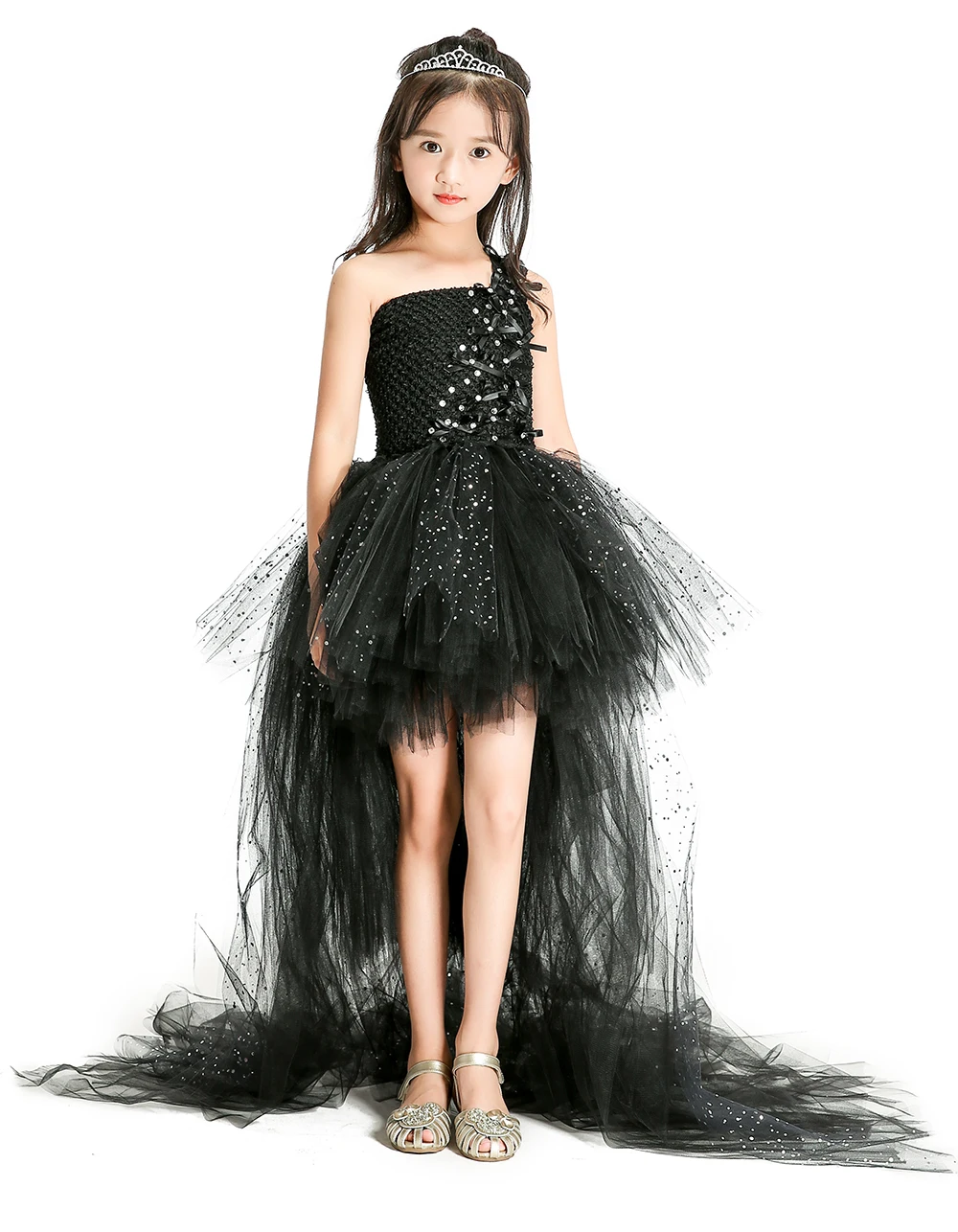 Shiny black girl party dress tulle ribbon bow lace baby tutu birthday clothes | Детская одежда и обувь