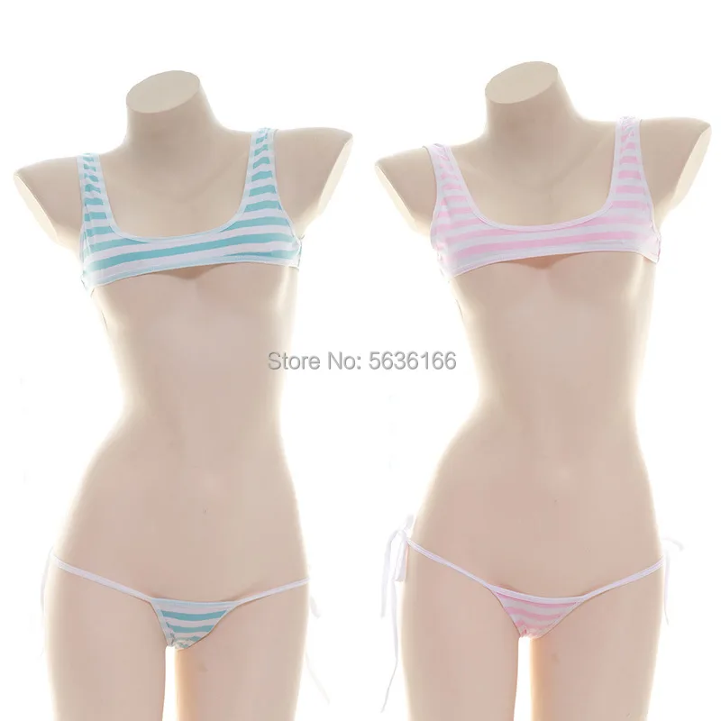 

Japanese Sexy Lingerie Lolita Kawaii Blue Pink Striped Mini Bikini Adult Cosplay Erotic Costumes Striped vest suit