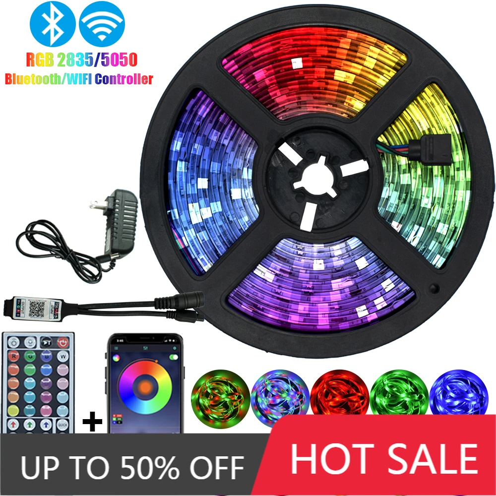 

Holiday Xmas LED Strips Lights Bluetooth RGB 5050 2835 Waterproof Flexible Lamp Tape Ribbon With Diode Tape DC 12V 5M 10M 32.8ft