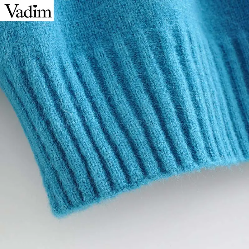 Vadim women elegant blue knitted sweaters stand collar long sleeve stretchy loose pullovers female casual warm basic tops HA616 | Женская