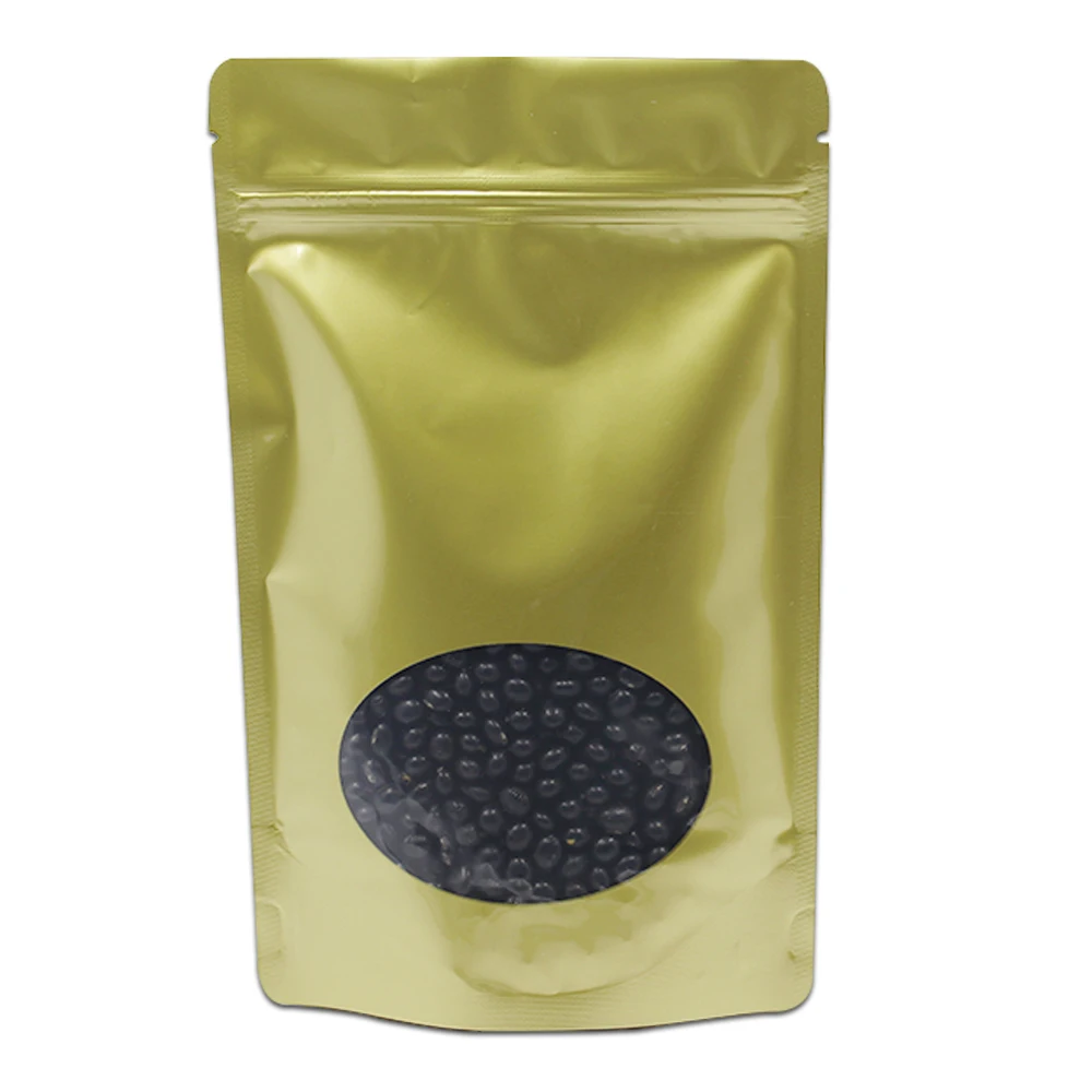 

50Pcs Golden Pure Aluminum Foil Stand Up Zipper Package Bag with Round Window Mylar Self Seal Zip Lock Food Storage Packing Bags