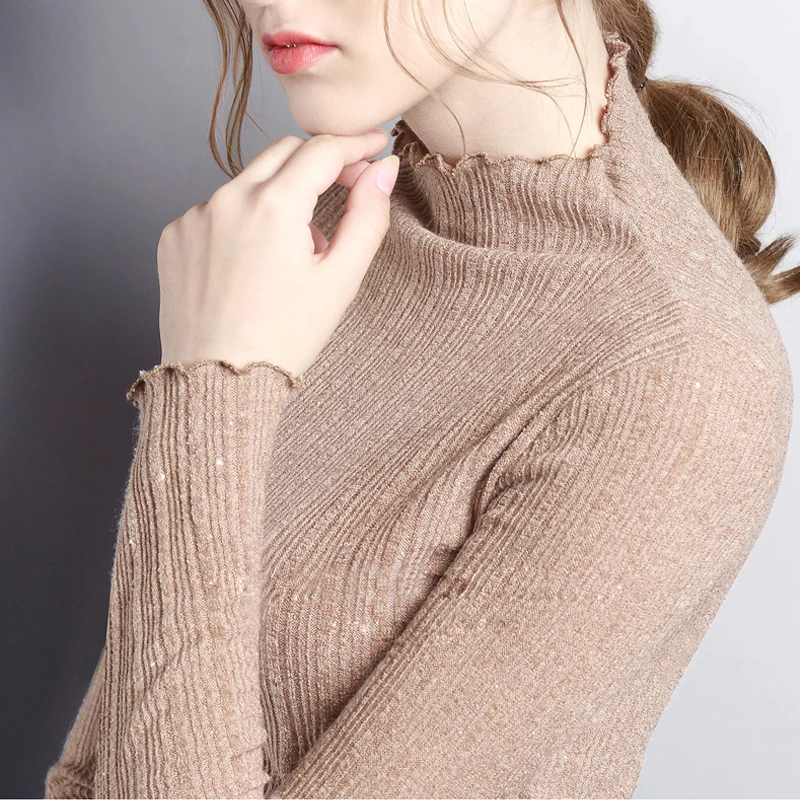 

Half-High Neck Bottoming Shirt With Wood Ears 2020 Spring And Autumn Knitted Plus Size Long-Sleeved Top T-Shirt Women