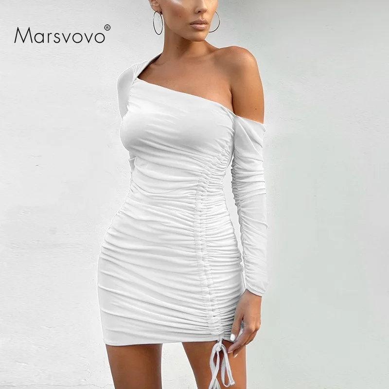 

White Dresses Diagonal Collar Shirring Dress Office Lady Folds Long Sleeve Short Robe Off-Shoulser Sexy Lacing Perspective Dress
