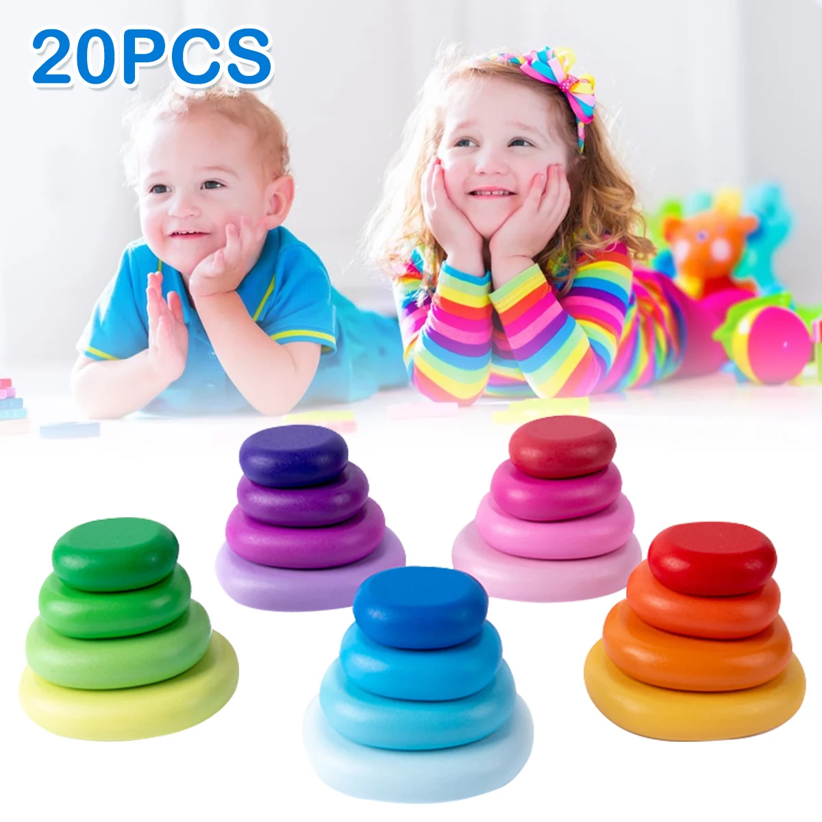 

20pcs Wooden Stacking Toy Color Recognition Early Educational Christmas Gift Parent-children Interactive Rainbow Stacking Ring