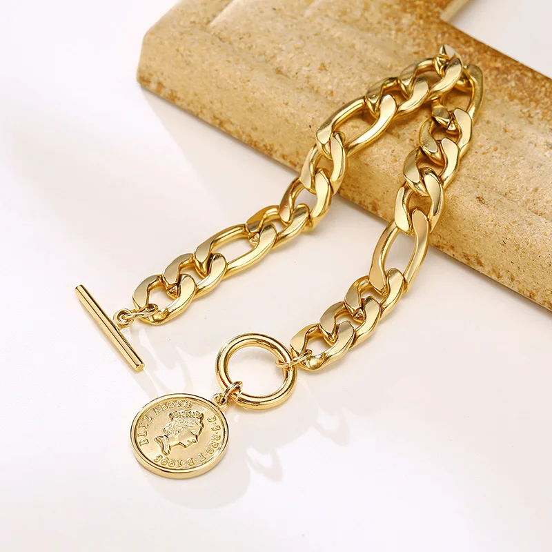 Массивный браслет-цепочка Figaro для женщин шарм монета с портретом королевы