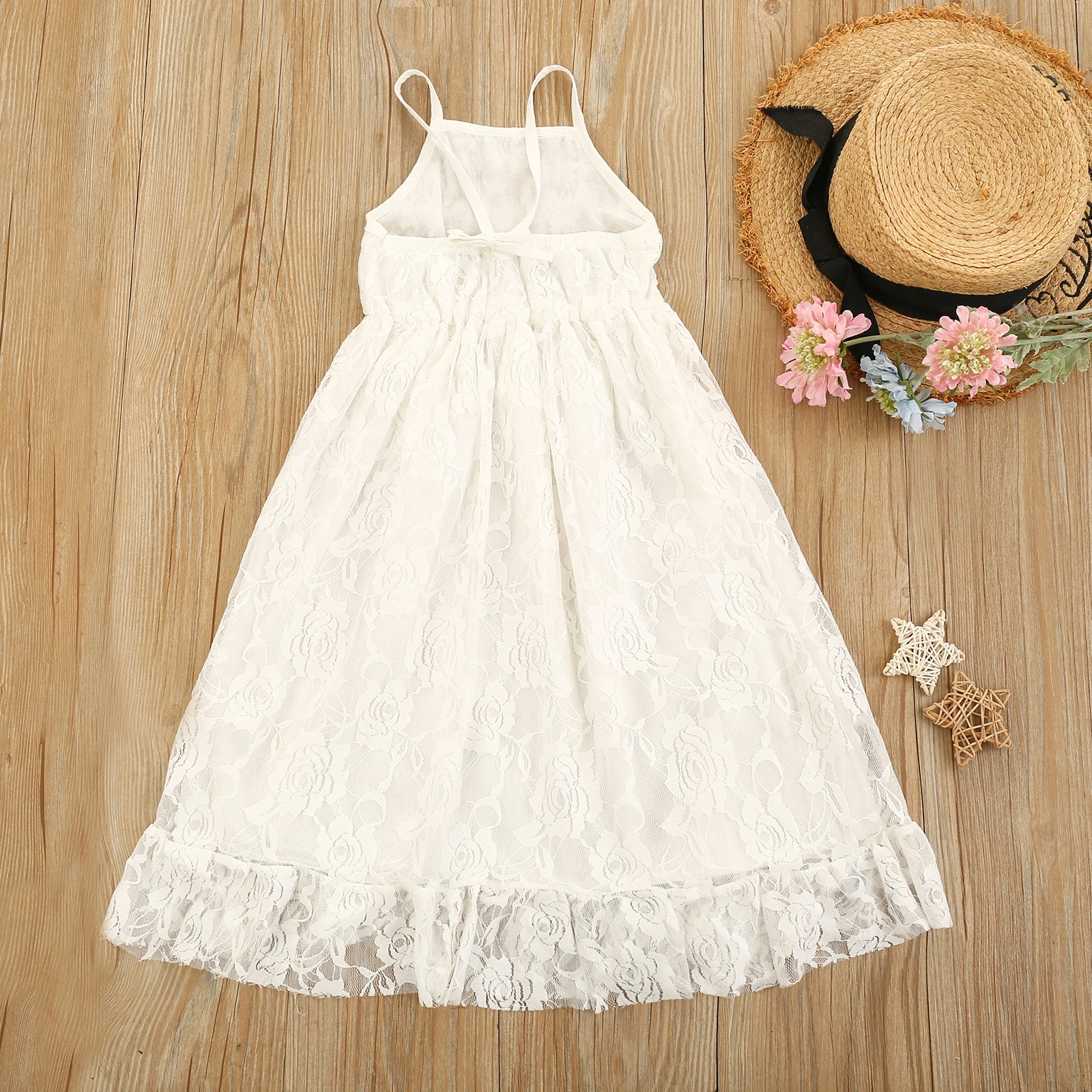 

2021 New Summer 2-7Y Baby Girl White Lace Spaghetti Straps Ankle-Length Dress Rose Floral Ruffled Sleeveless Children Clothes
