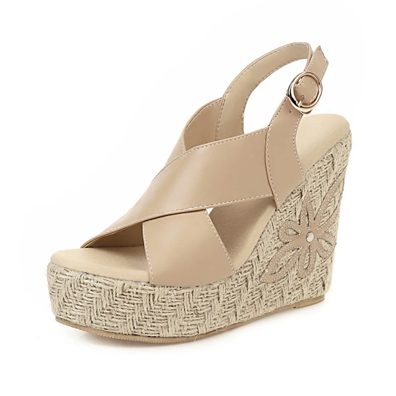 

FOREADA Woman Sandals Espadrille Platform Extreme High Heels Buckle Wedges Heel Shoes Female Sandals Summer Black White Size 46