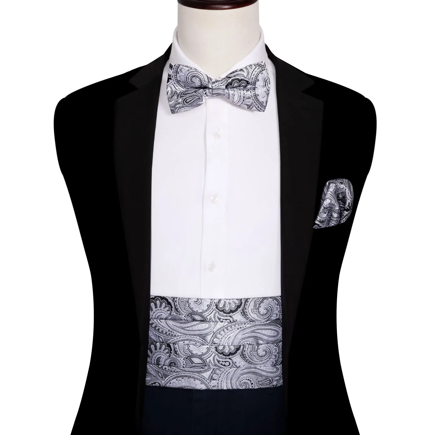 Мужской серебряный галстук-бабочка набор Цветочный серый пояс с регулируемой