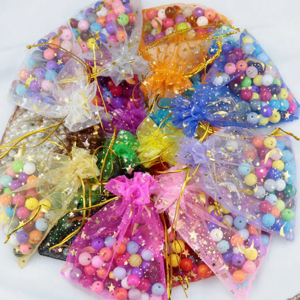 

50pcs/lot Adjustable Drawstring Pouch Bags for Wedding Gifts Transparent Organza Jewelry Pouch Gold Moon Star Mesh Package
