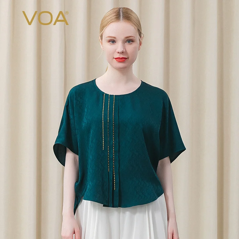 

VOA Silk Jacquard Round Neck Bat Sleeve Tops Contrast Color Bright Line Decoration Asymmetric Curved Hem Loose T-shirt BE622