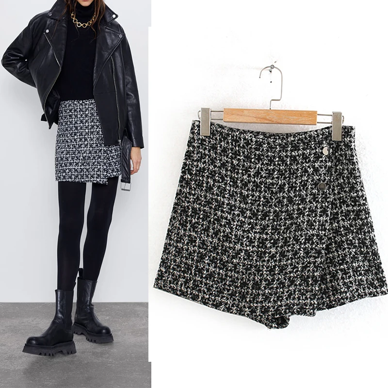 2020 Za Новая повседневная модная женская черная и белая твидовая юбка с небольшим