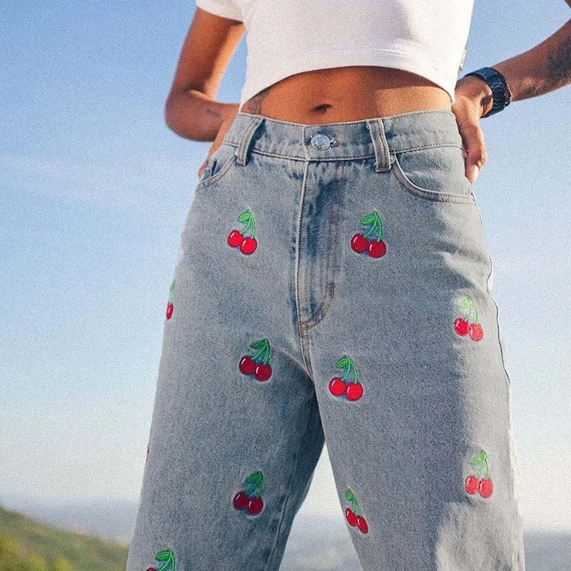 

2021 Hot Harajuku Women Jeans High Waist Pencil Pants Woman Streetwear Vintage Casual Denim Trousers Cherry Embroider Slim Pants