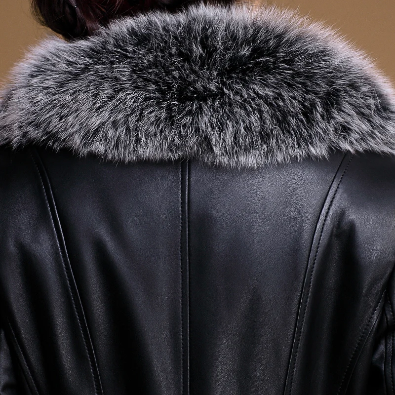 2020 Plus size Fox Fur Collar Genuine Leather Coat Women Winter Outerwear White Duck Down Sheepskin Long Jackets Female OK1118 | Женская