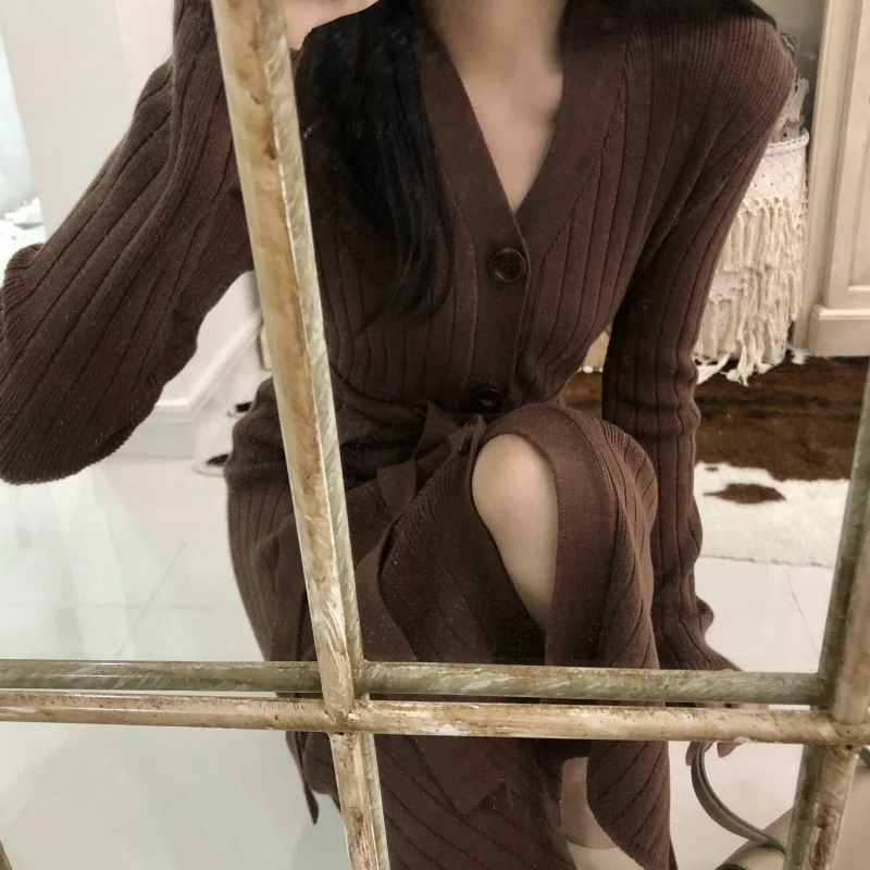 

Autumn new ladies dress solid color slim body with belt single breasted mid-length over-the-knee long dresses