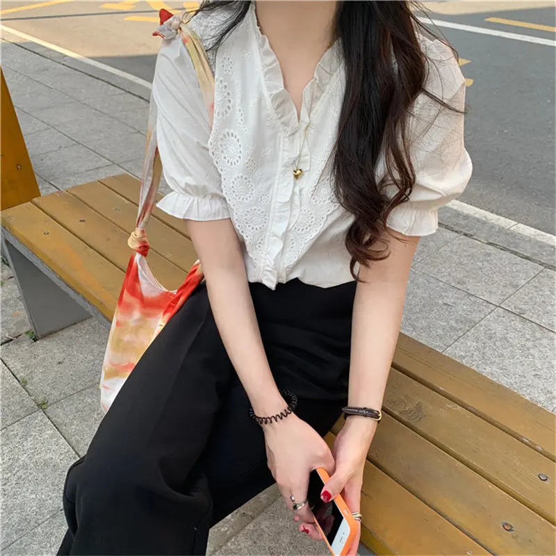 Alien Kitty V-neck Dedicate Embroidery Hollow Out White Ruffles 2020 Solid Loose Leisure Sweet Gentle Hot Office Lady Shirt | Женская