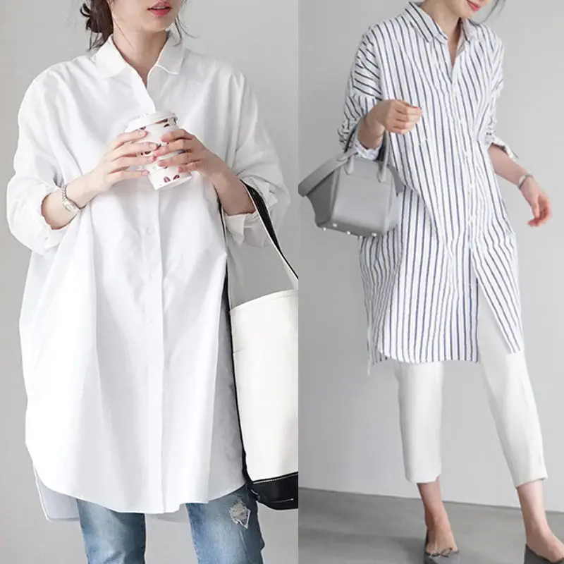 Women 2021 Spring Autumn New Fashion Loose Lapel Blouses Female Mid-long Striped Shirts Ladies Long-sleeved Buttons Shirts V923