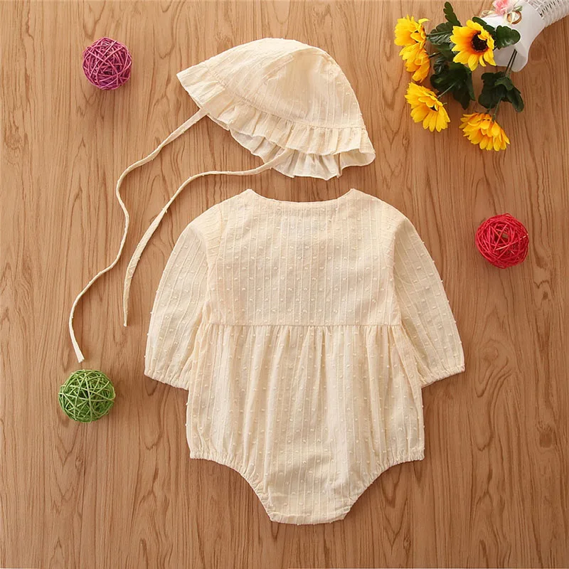 2Pcs/set Romper Cute Baby Girls Long Sleeve Pompom Hat Clothes Outfits Set Solid Print Bodysuit | Детская одежда и обувь