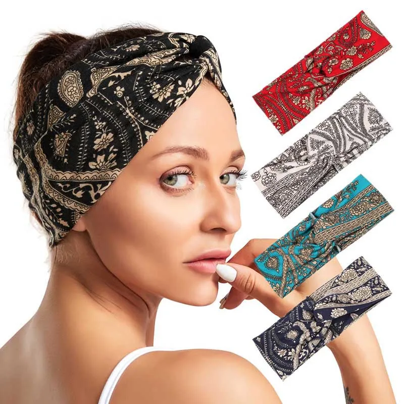 

Fashion Headbands Boho American Print Cross Ladies Headband Sport Stretch Cloth Art Wide Hem Knot Headband Hair Accessory 441