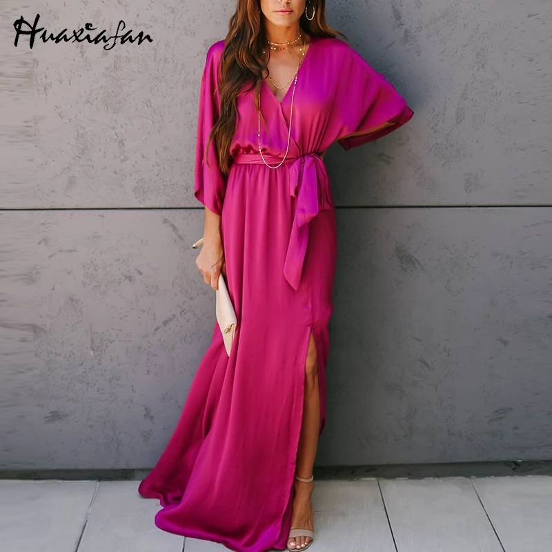 Huaxiafan maxi dresses women solid long dress elagant party belt split autumn sexy v neck female vintage vestidos 2019 | Женская одежда