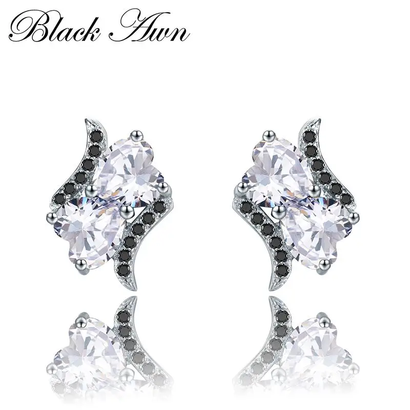 

SODROV 100% Genuine 925 Sterling Silver Topaz Heart Jewelry Black&White Stone Cute Engagement Stud Earrings for Women T109