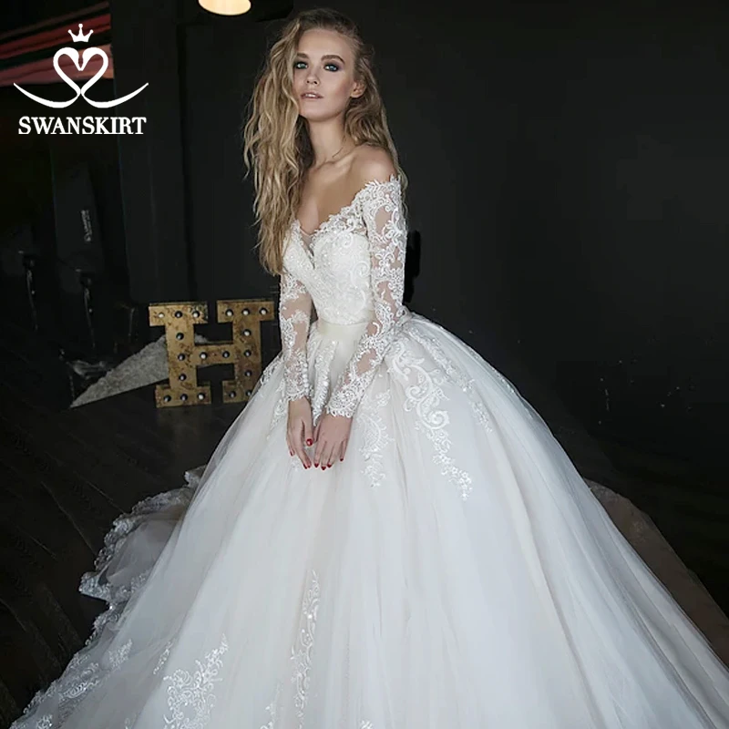 Бальное платье с длинным рукавом свадебное женское кружевное со шлейфом HZ01 |