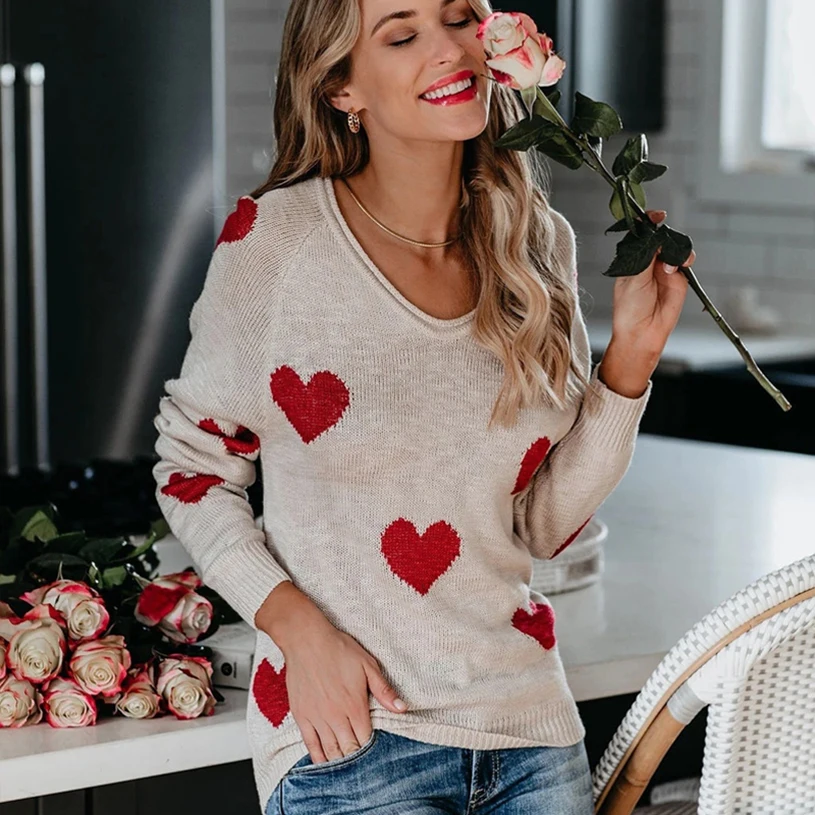 Heart Shape Women Knitted Sweaters V Neck Korean Style Jumper Pullover Long Sleeve Outwear Soft Warm Spring Clothing New | Женская