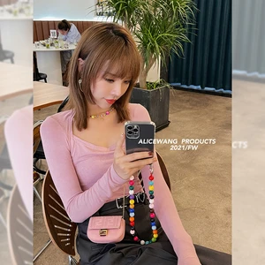 Fall 2021 New Solid Color Long-sleeved Fake Two-piece Slim Bottoming Shirt Women Autumn French Square Neck Cotton T-shirt Top