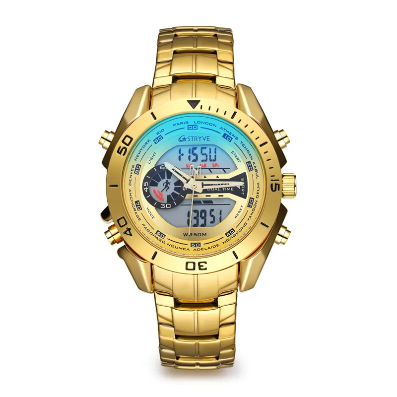 STRYVE Мужские кварцевые цифровые часы роскошные спортивные наручные из