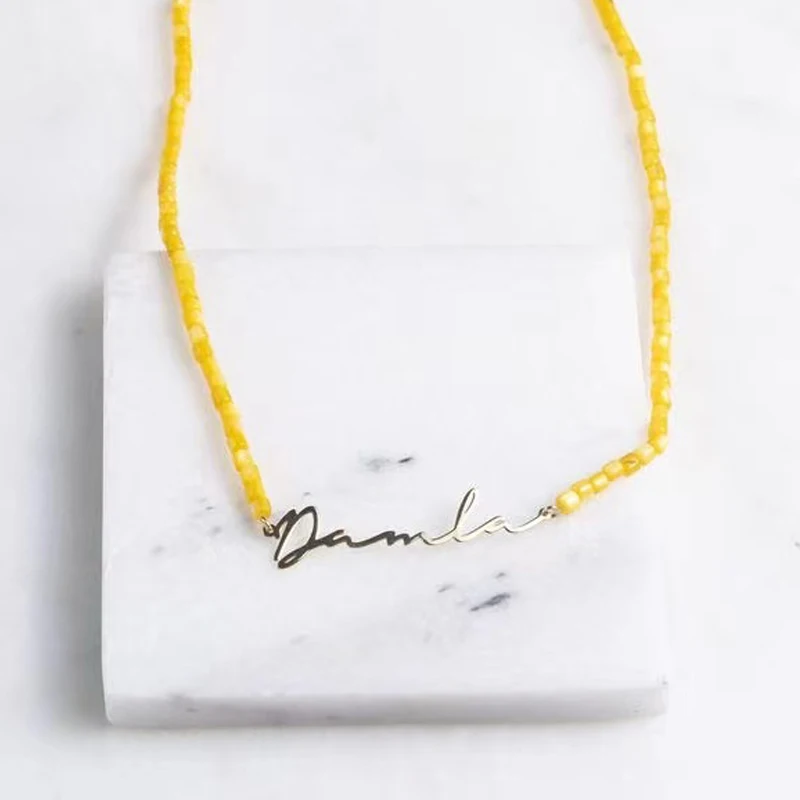 2021 New Style Personalized Stainless Steel Name Pendant Here Natural Shell Bead Short Jewelry Valentine's Day Halloween Gift