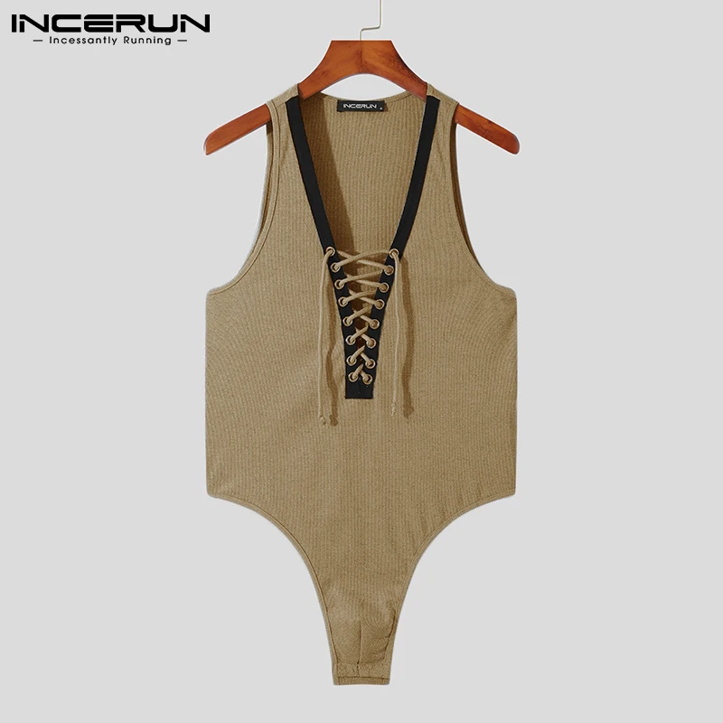 

Men Bodysuit Patchwork Deep V Neck Lace Up Sexy Sleeveless Cozy Pajamas Rompers 2022 Underwear Skinny Men Bodysuit S-5XL INCERUN
