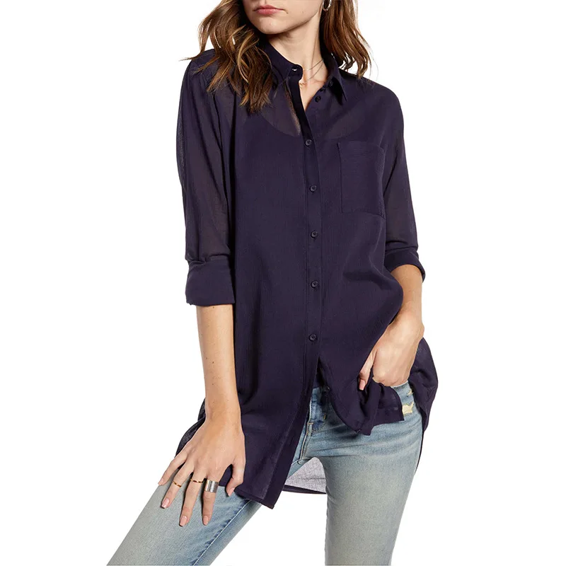 

Женская Однотонная рубашка с длинным рукавом и карманами