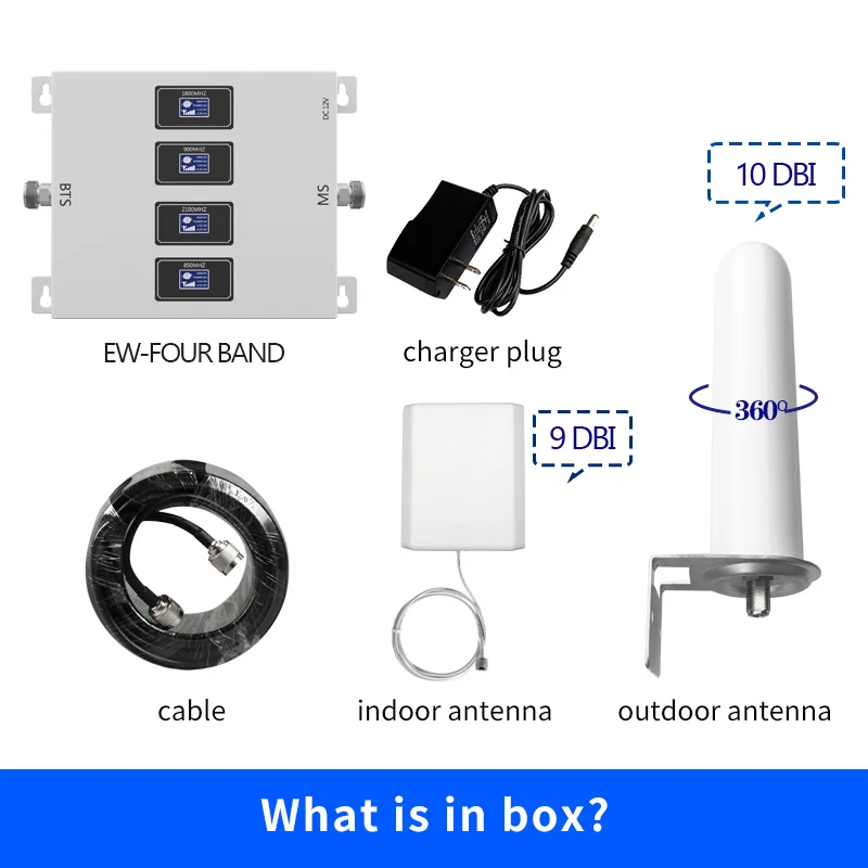 

GOBOOST 3G 4G Four Band Signal Booster 800 900 1800 2100 2600Mhz Cell Phone WCDMA Celluar Amplifier Network Reapeater Cable Set