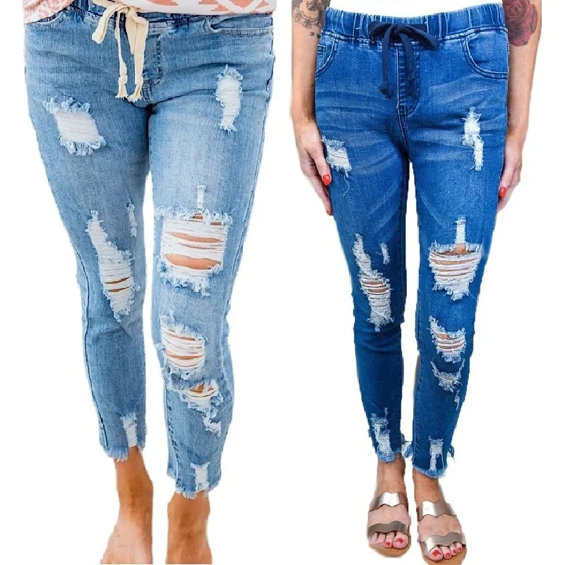 

Drawstring Denim Jeans For Women Ripped Hole Stretch Jean Ladies Plus Size Elastic Waist Pencil Pants