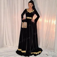 middle east arabic dubai prom dresses black 2021 long sleeves velvet gold applique kosovo albanian caftan evening party gowns