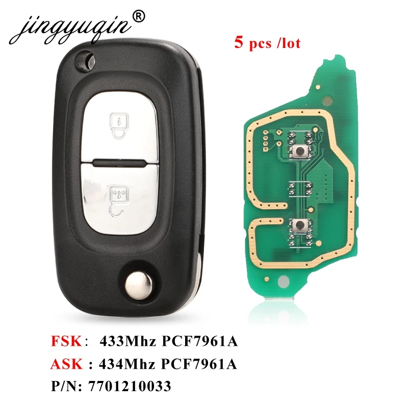 

jingyuqin 5pcs FSK 2 BTN 433MHz PCF7961A ID46 Flip Remote Key For Renault Clio III Clio 3 Kangoo Master Modus Twingo 7701210033