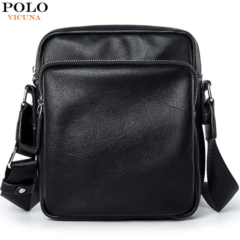 

VICUNA POLO Solid Black Leather Men Shoulder Bags Brand Leather Messenger Bag Business Crossbody Bag For Male