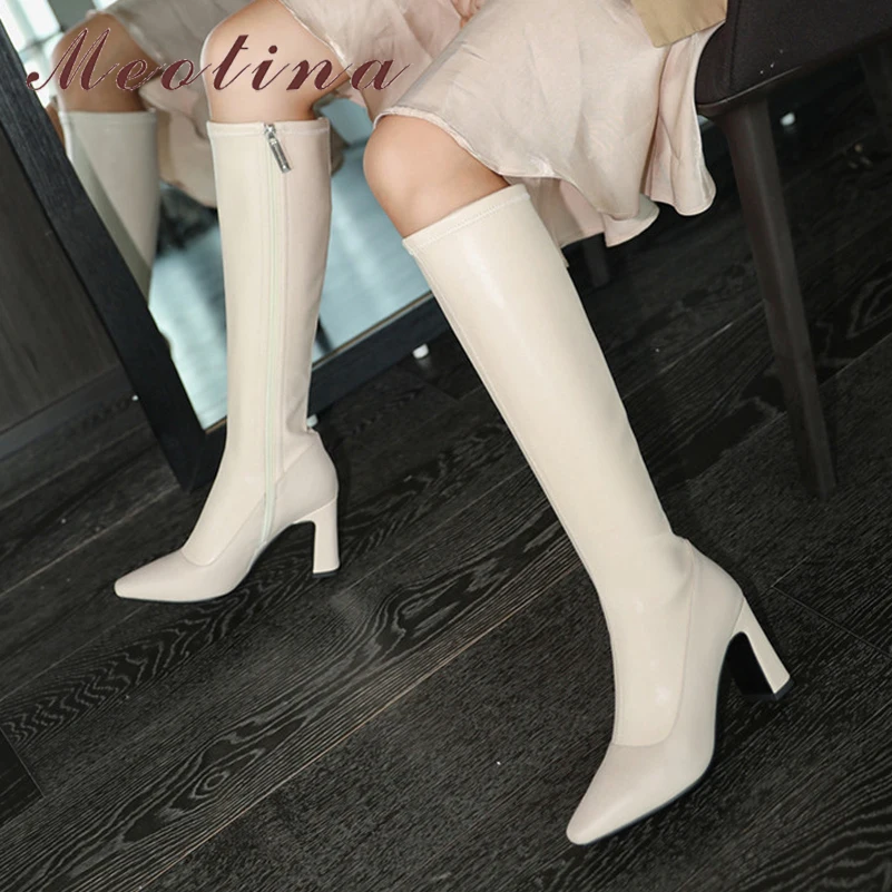 

Meotina Genuine Leather Knee High Boots Super High Heel Women Boots Block Heel Long Boots Zipper Square Toe Ladies Shoes Size 43