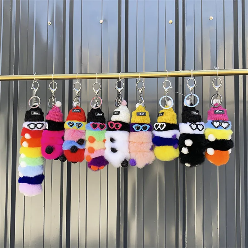 Women Genuine Rex rabbit fur Pendant Colorful caterpillar Fur Keychain Fluffy Toy Bag Car Charm Key Ring Couple Hanging chain | Украшения и