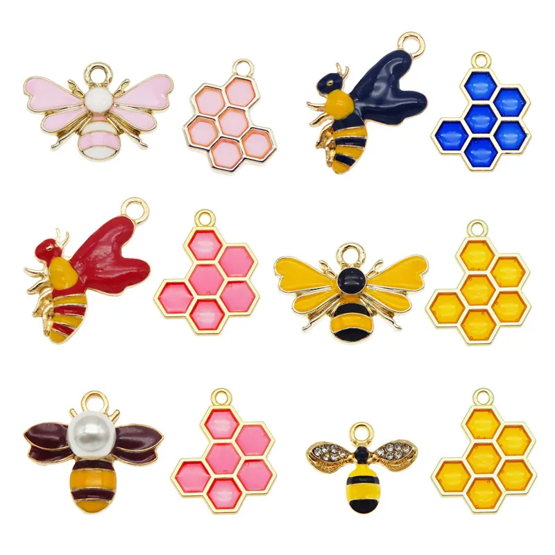 

Julie Wang 12PCS Enamel Bee Honeycomb Charms Mixed Hive Honeybee Pendants Alloy Necklace Bracelet Jewelry Making Accessory